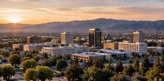 City skyline with mountain views at sunset